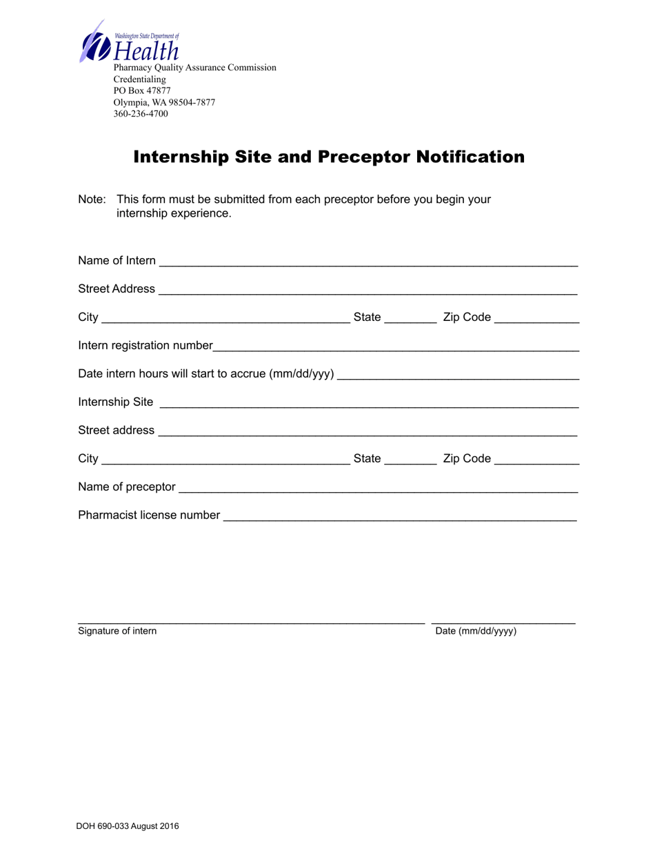 DOH Form 690-033 Internship Site and Preceptor Notification - Washington, Page 1
