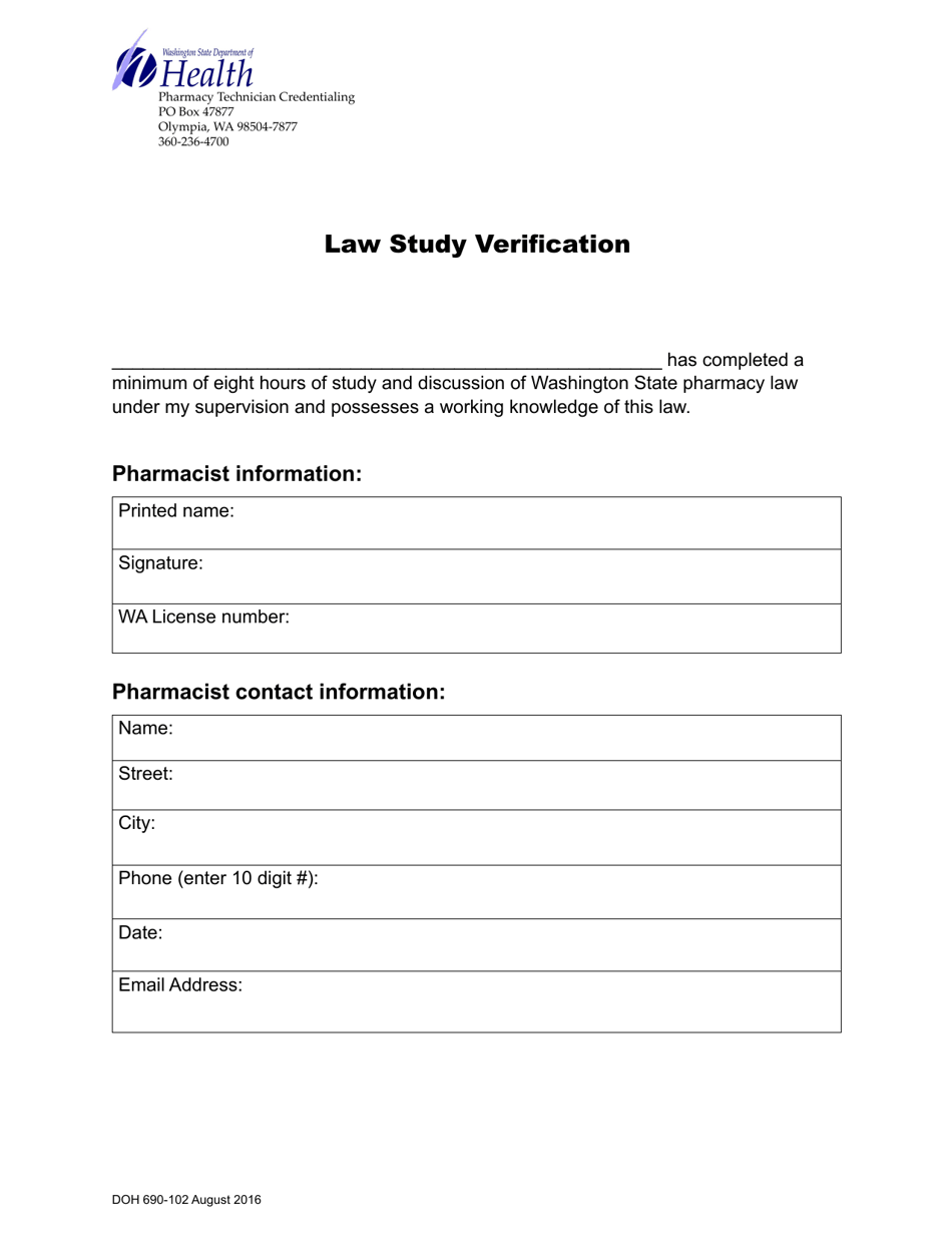 DOH Form 690-102 Law Study Verification - Washington, Page 1