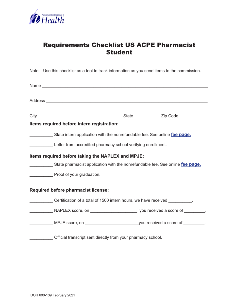 DOH Form 690-139 Requirements Checklist US Acpe Pharmacist Student - Washington, Page 1