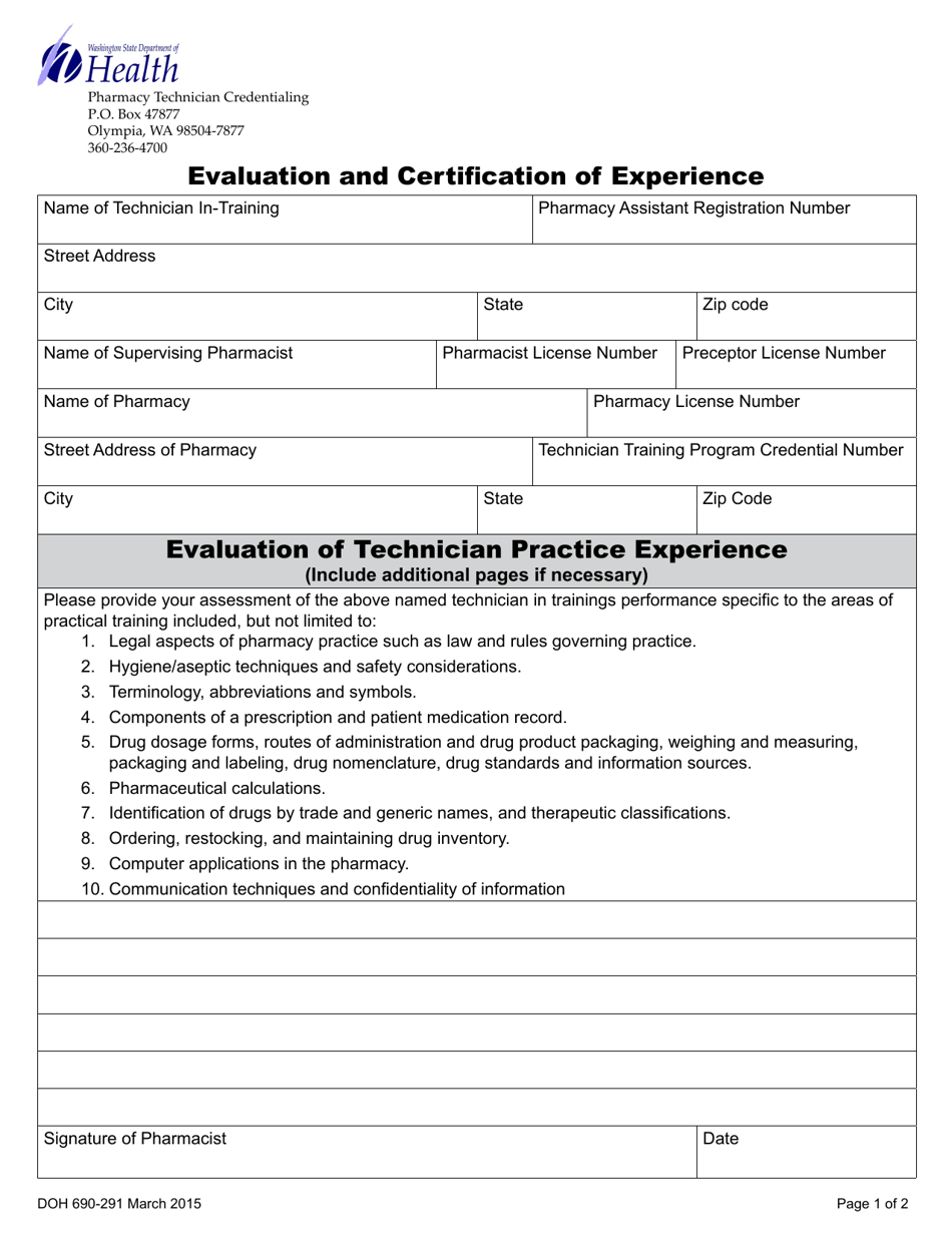 DOH Form 690-291 Evaluation and Certification of Experience - Washington, Page 1