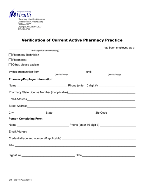 DOH Form 690-104 Verification of Current Active Pharmacy Practice - Washington