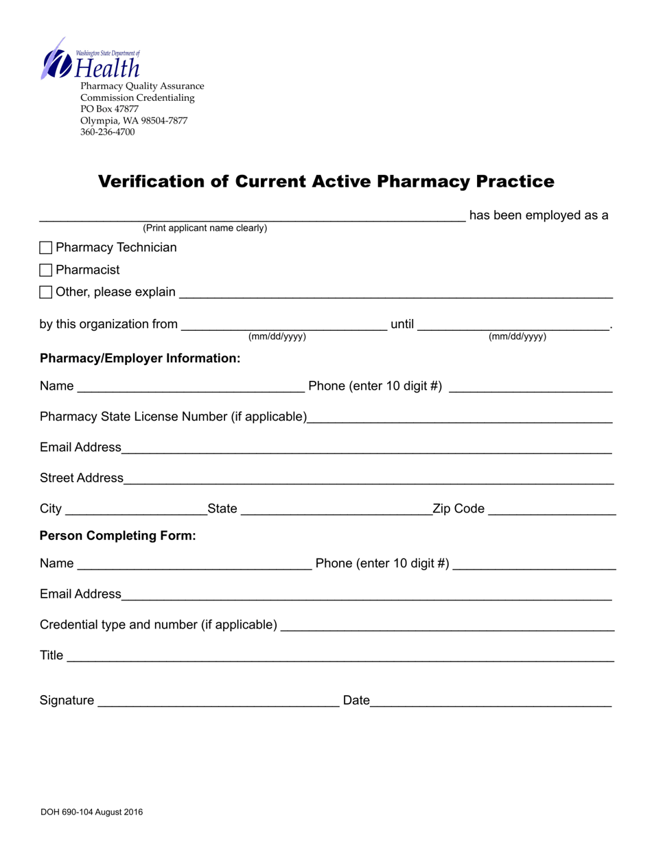 DOH Form 690-104 Verification of Current Active Pharmacy Practice - Washington, Page 1