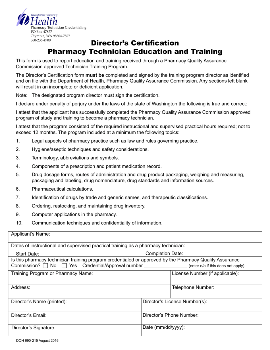 DOH Form 690-215 Directors Certification - Pharmacy Technician Education and Training - Washington, Page 1