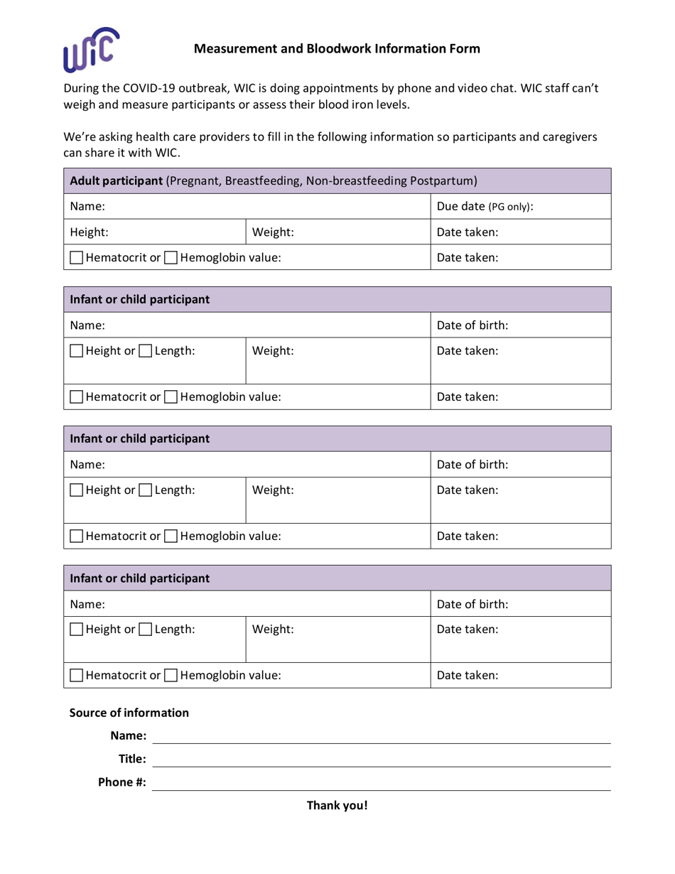 DOH Form 962-1001 Measurement and Bloodwork Information Form - Washington, Page 1