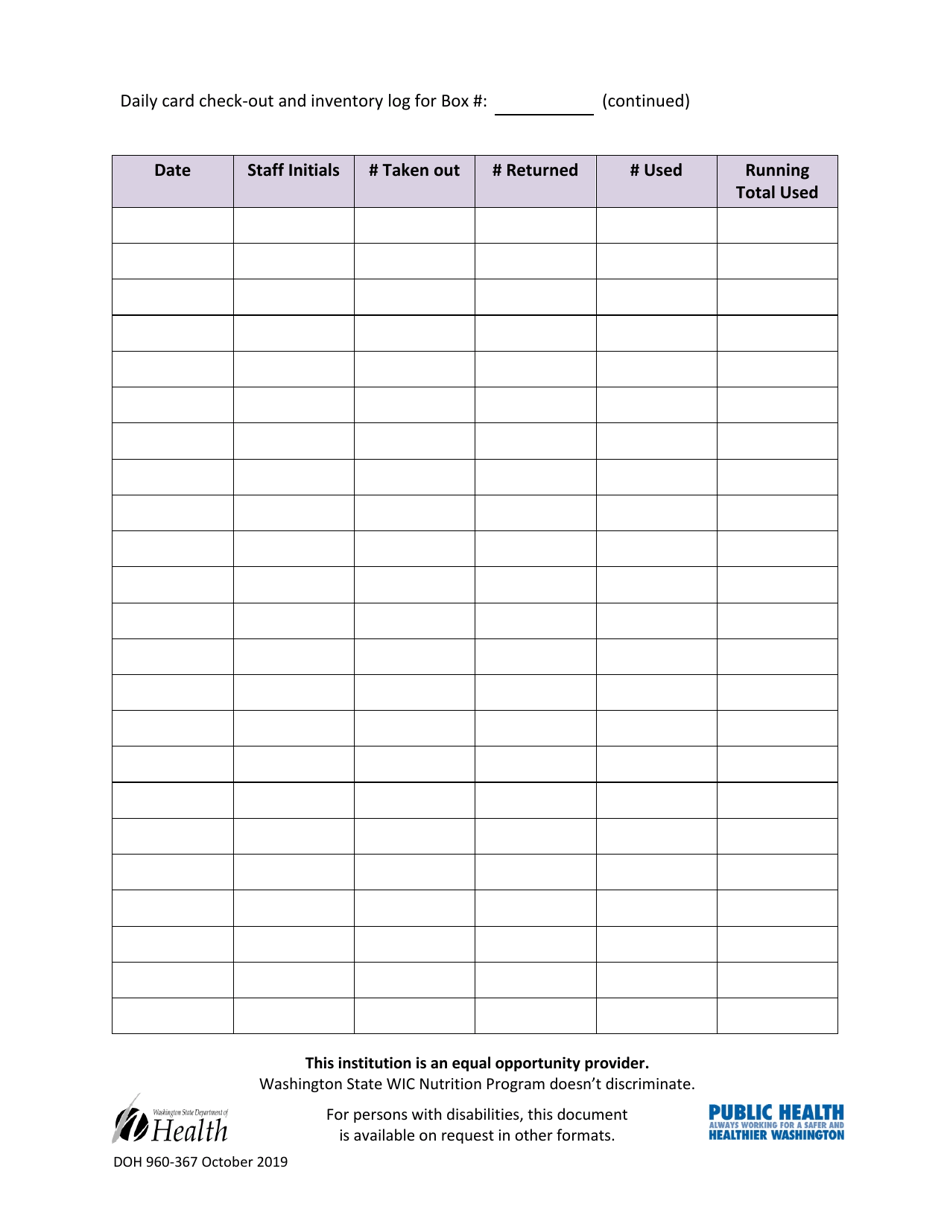 DOH Form 960-367 Wic Card Daily Check-Out  Inventory Log - Washington, Page 2