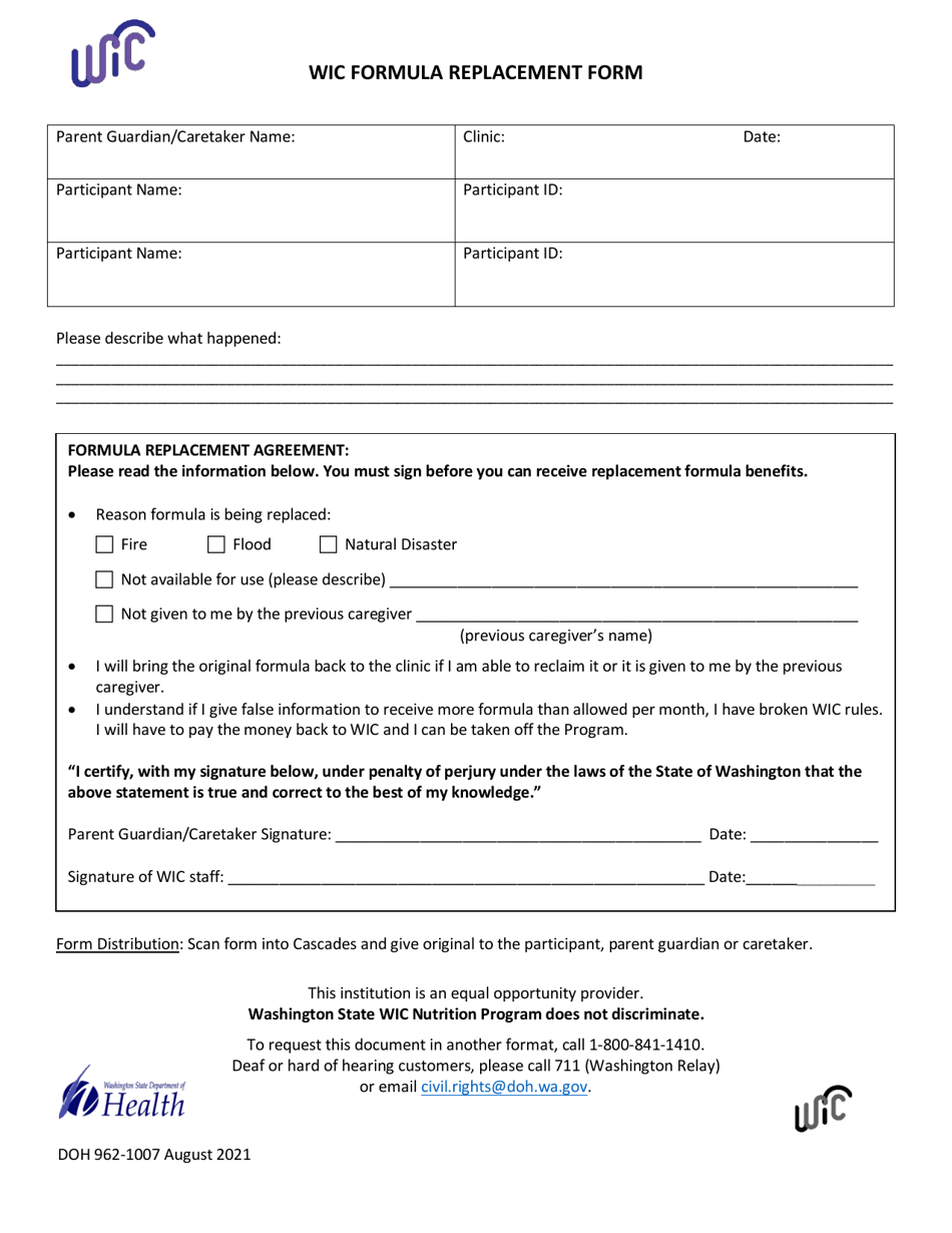 DOH Form 962-1007 Wic Formula Replacement Form - Washington, Page 1