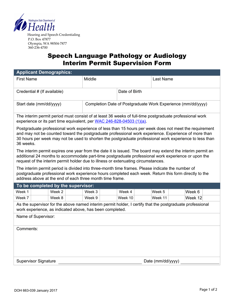 DOH Form 663-039 Speech Language Pathology or Audiology Interim Permit Supervision Form - Washington, Page 1