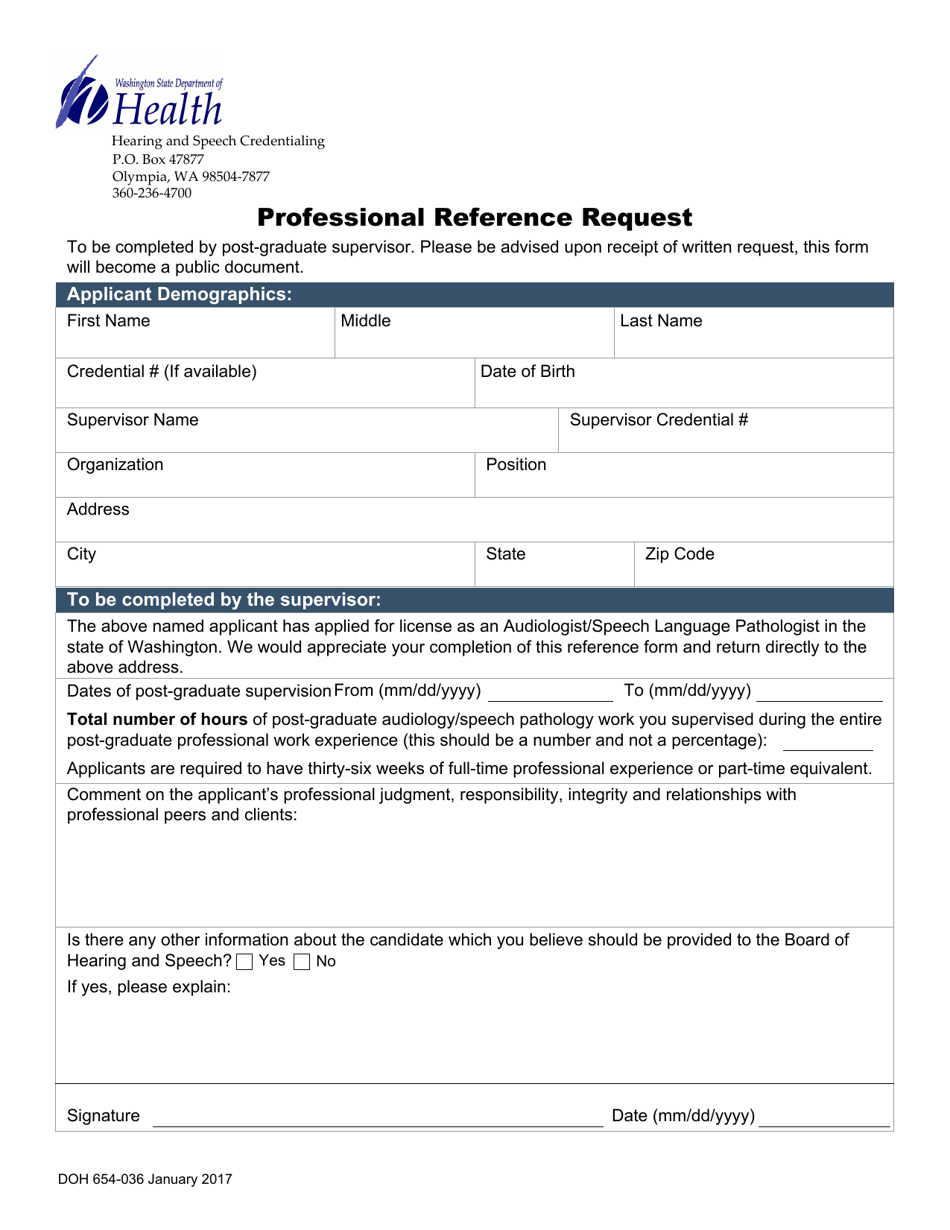 DOH Form 654-036 Professional Reference Request - Washington, Page 1