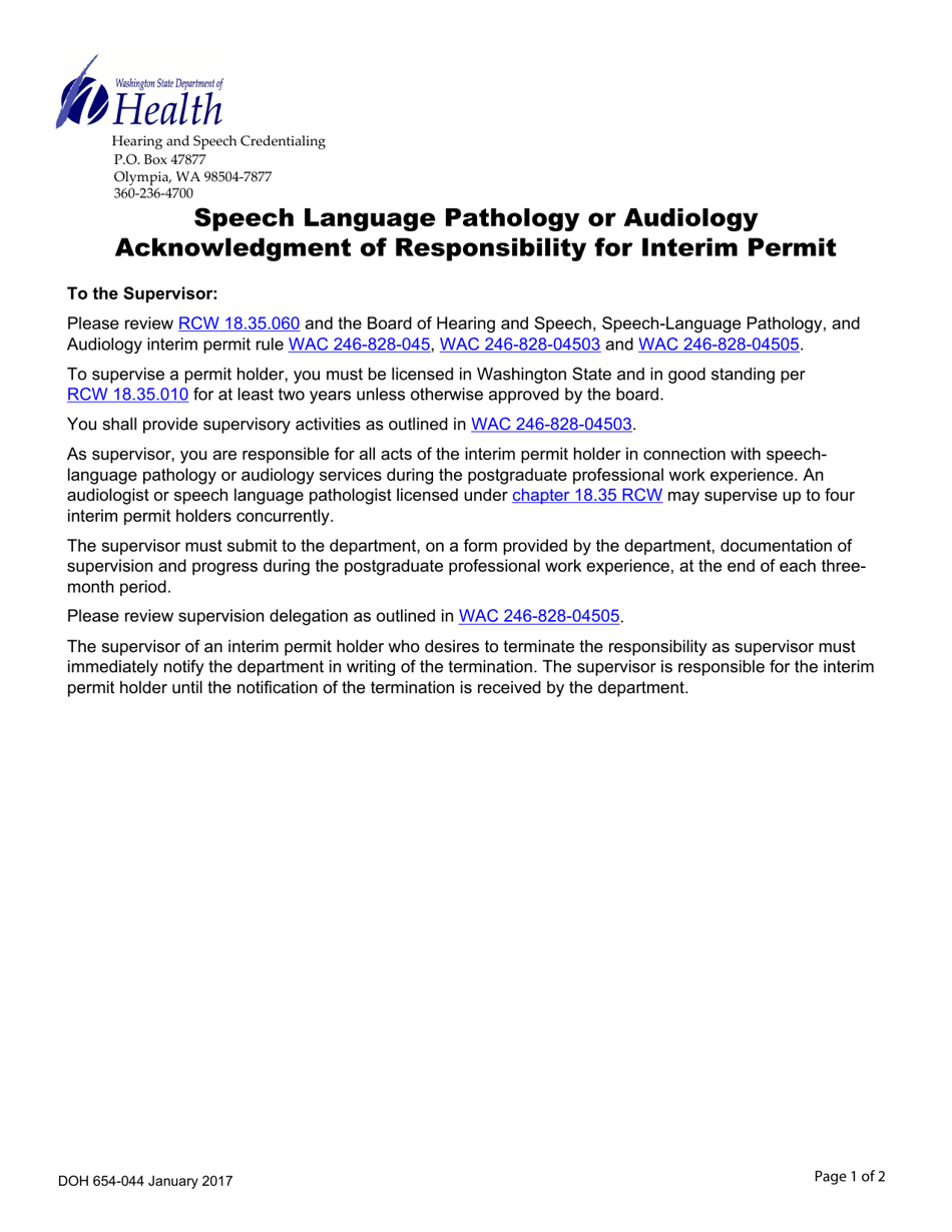 DOH Form 654-044 Speech Language Pathology or Audiology Acknowledgment of Responsibility for Interim Permit - Washington, Page 1