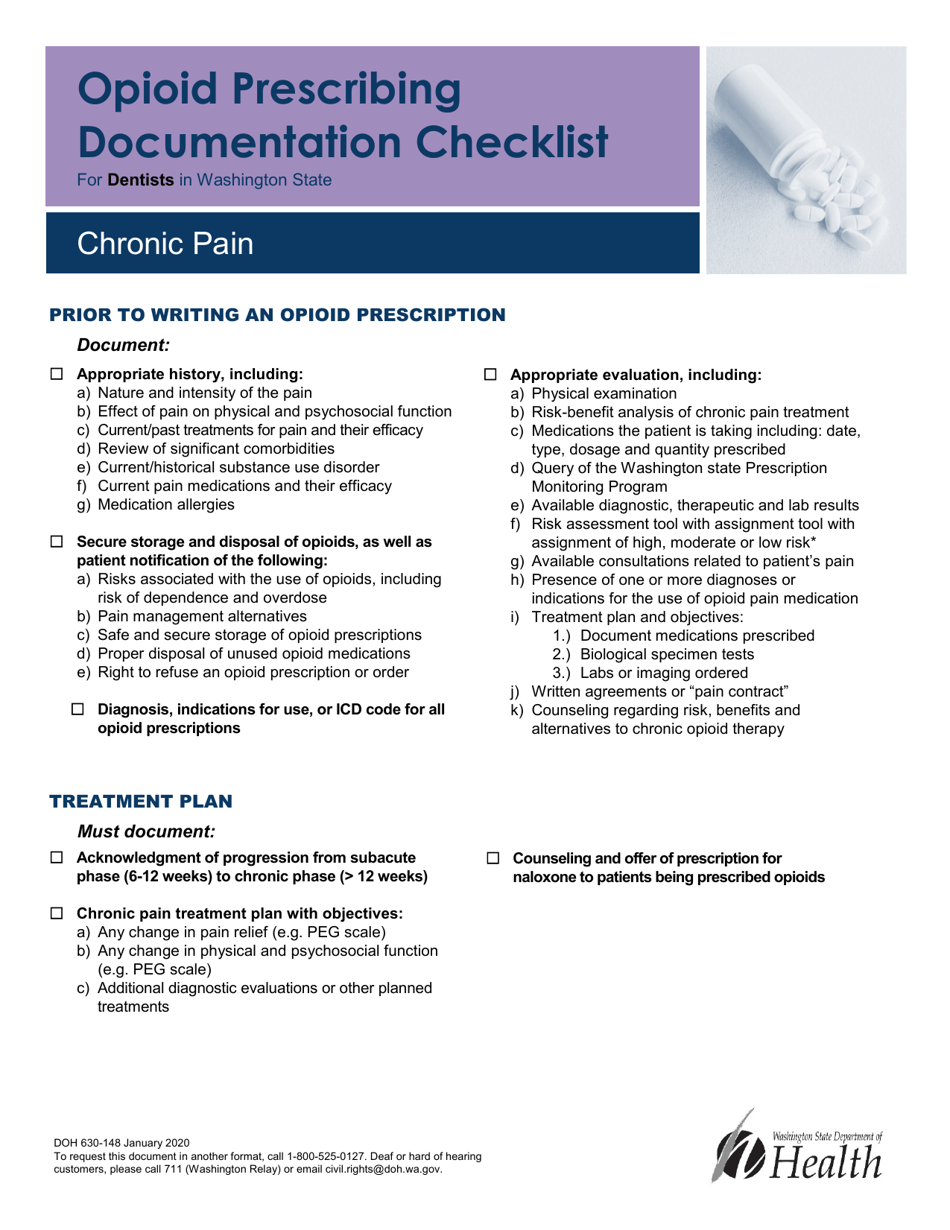 DOH Form 630-148 Opioid Prescribing Documentation Checklist for Dentists in Washington State - Chronic Pain - Washington, Page 1