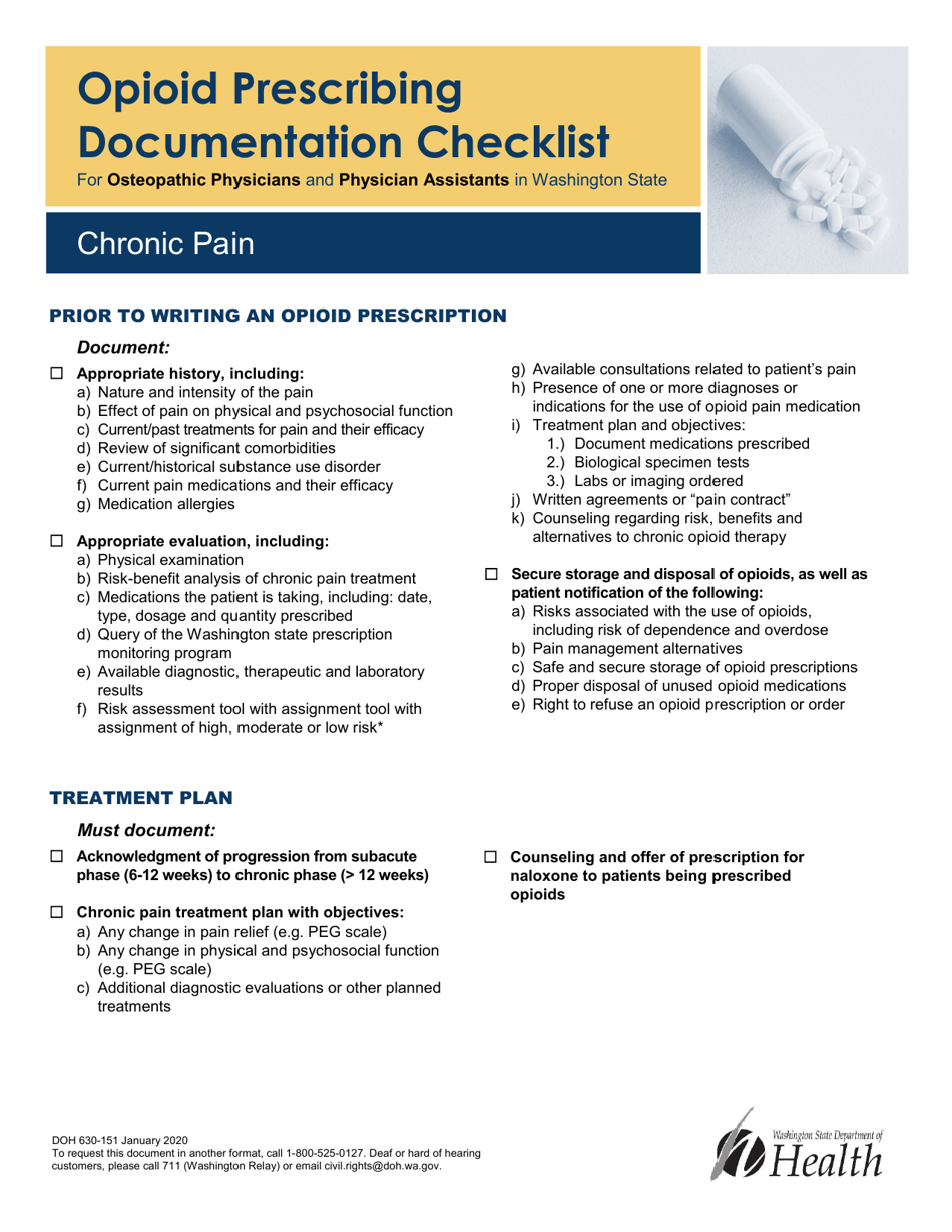 DOH Form 630-151 Opioid Prescribing Documentation Checklist for Osteopathic Physicians and Physician Assistants in Washington State - Chronic Pain - Washington, Page 1