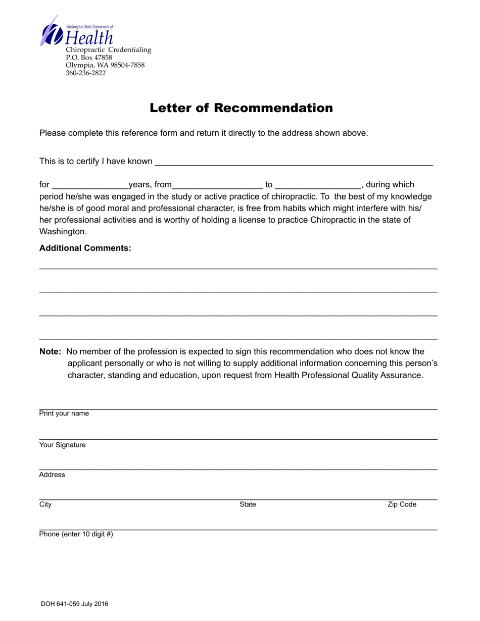 DOH Form 641-059 Letter of Recommendation - Washington, Page 1