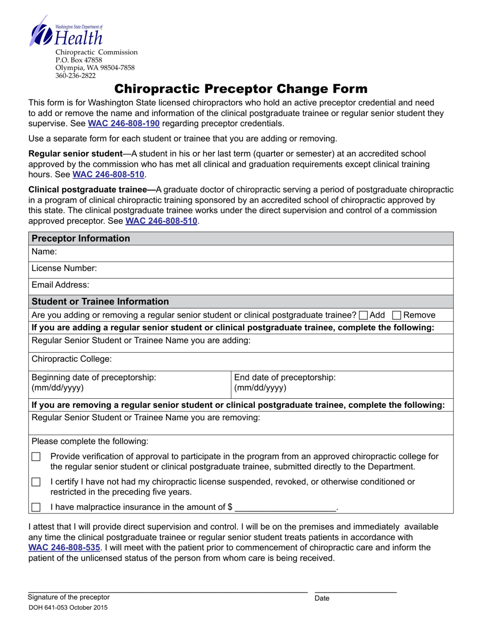 DOH Form 641-053 Chiropractic Preceptor Change Form - Washington, Page 1
