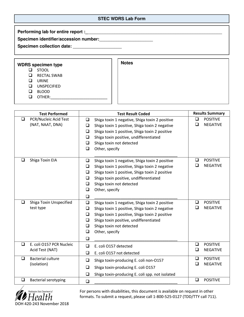 DOH Form 420-243 Stec Wdrs Lab Form - Washington, Page 1
