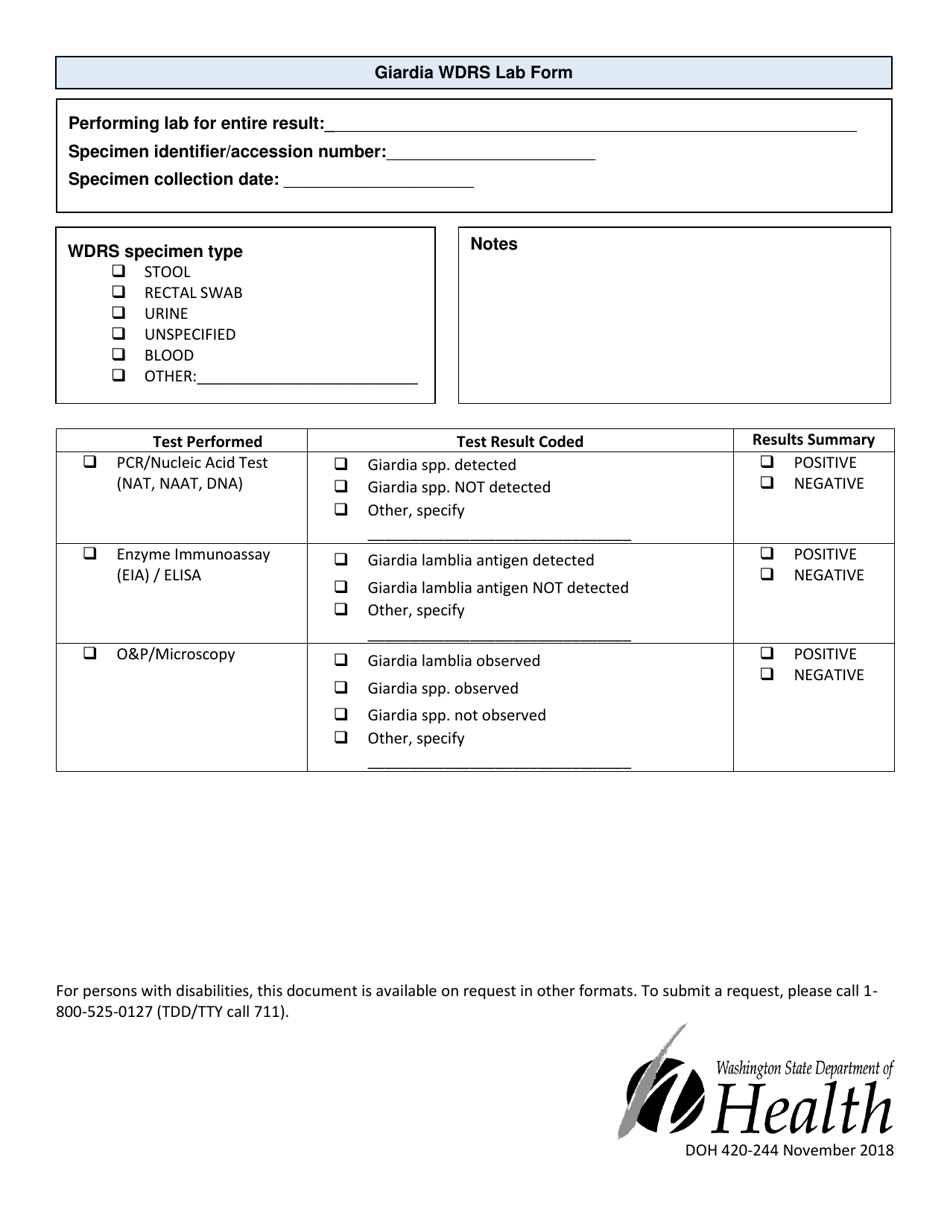 DOH Form 420-244 Giardia Wdrs Lab Form - Washington, Page 1