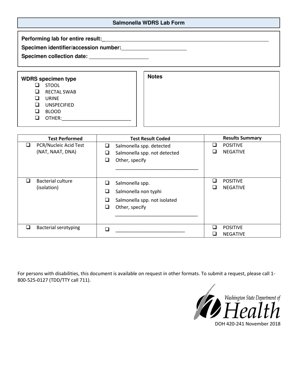 DOH Form 420-241 Salmonella Wdrs Lab Form - Washington, Page 1