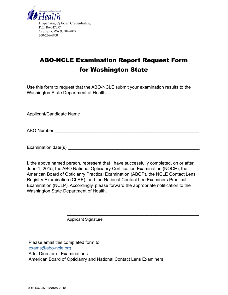 DOH Form 647-079 Abo-Ncle Examination Report Request Formfor Washington State - Washington, Page 1