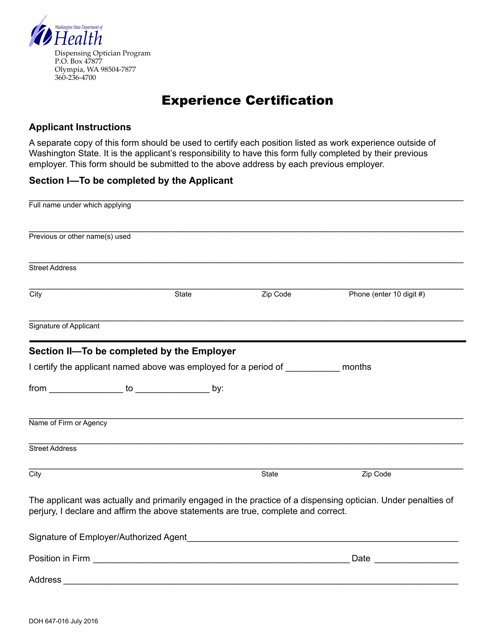 DOH Form 647-016  Printable Pdf