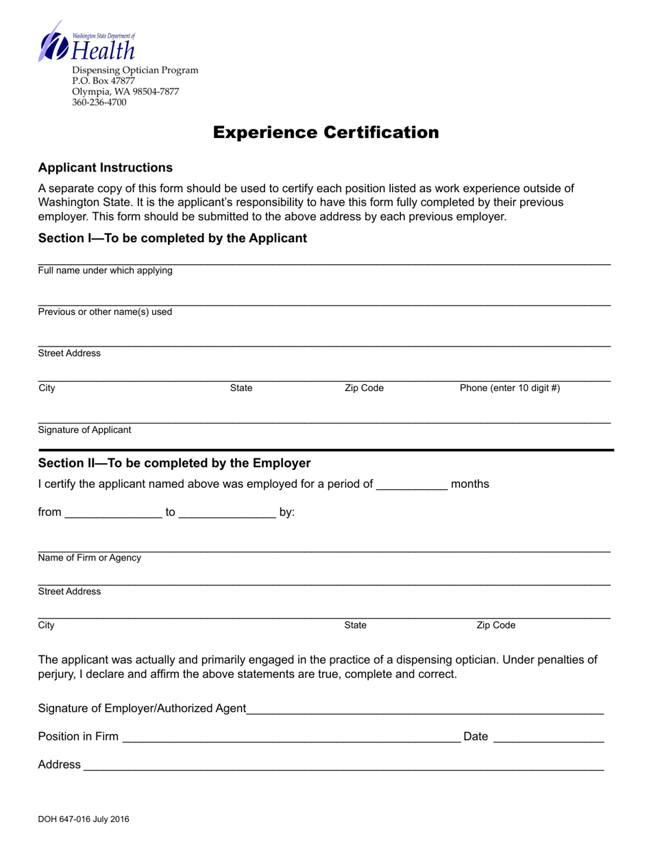 DOH Form 647-016 Experience Certification - Washington, Page 1