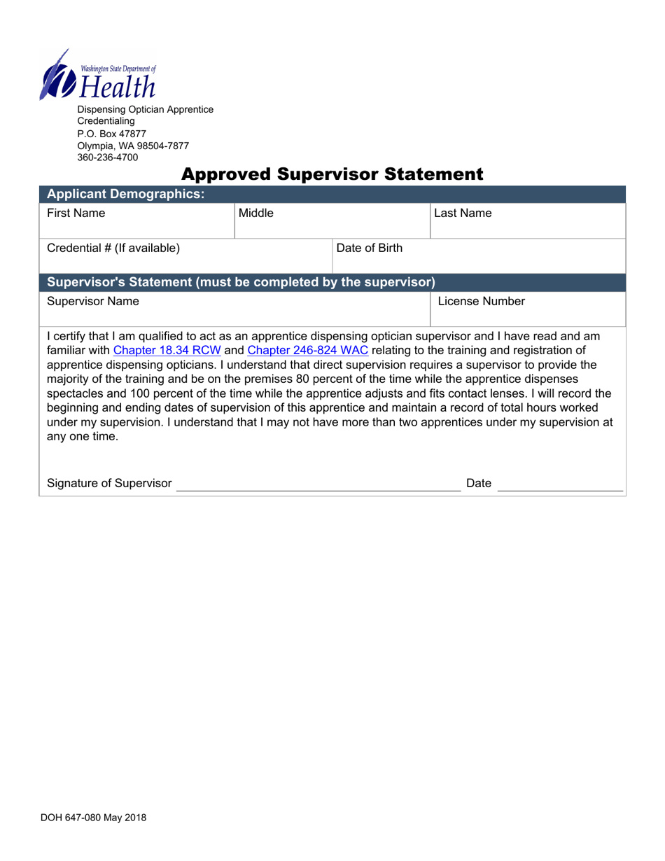 DOH Form 647-080 Approved Supervisor Statement - Washington, Page 1