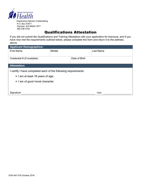 DOH Form 647-016 Qualifications Attestation - Washington