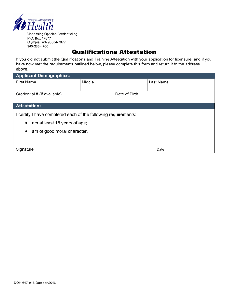 DOH Form 647-016 Download Fillable PDF or Fill Online Qualifications ...