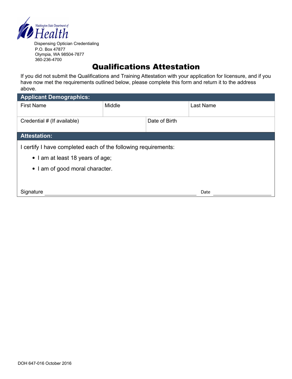 DOH Form 647-016 Qualifications Attestation - Washington, Page 1