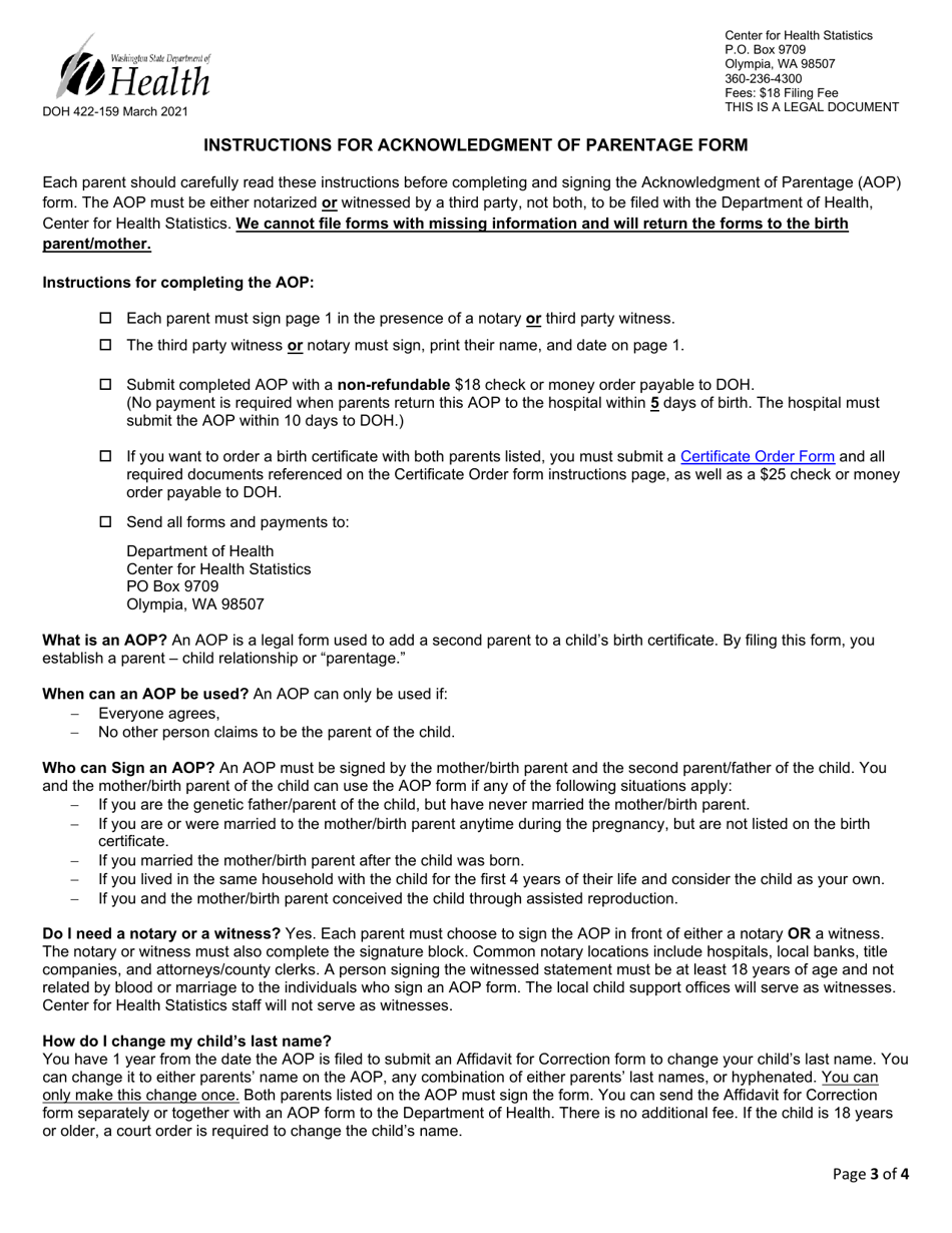 DOH Form 422-159 Acknowledgment of Parentage - Washington, Page 3