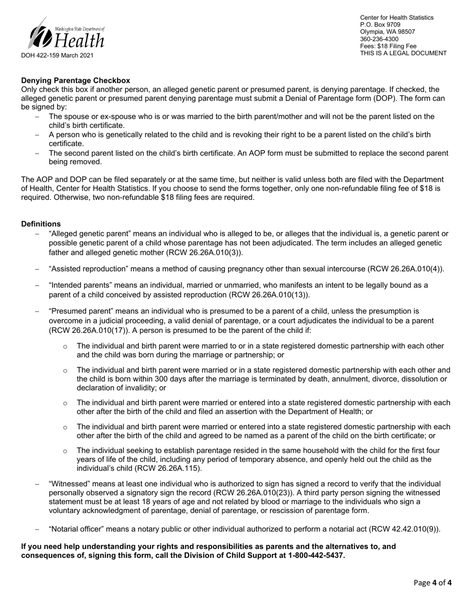 DOH Form 422-159 Acknowledgment of Parentage - Washington, Page 4