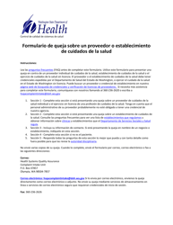 DOH Formulario 630-106 Formulario De Queja Sobre Un Proveedor O Establecimiento De Cuidados De La Salud - Washington (Spanish)