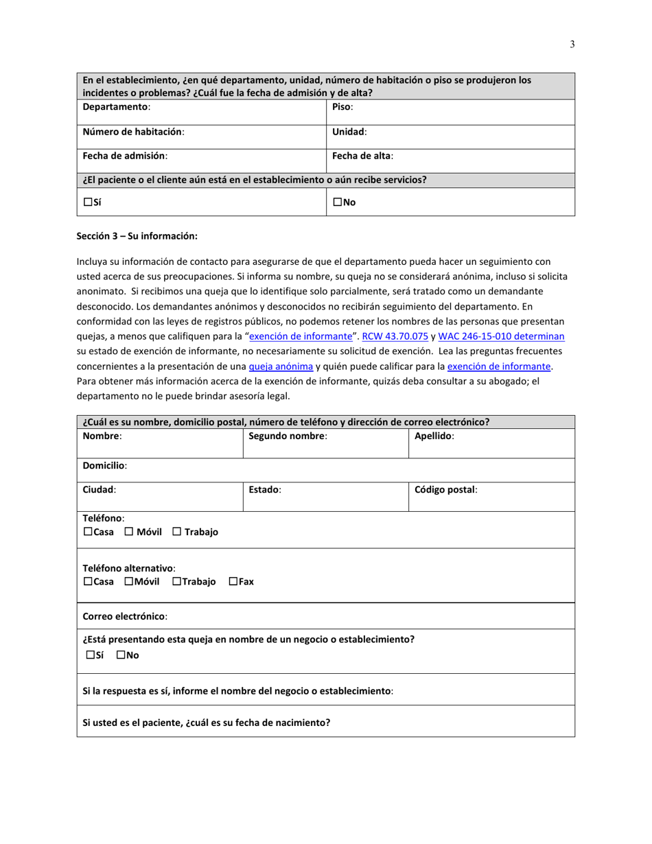 DOH Formulario 630-106 Formulario De Queja Sobre Un Proveedor O Establecimiento De Cuidados De La Salud - Washington (Spanish), Page 3
