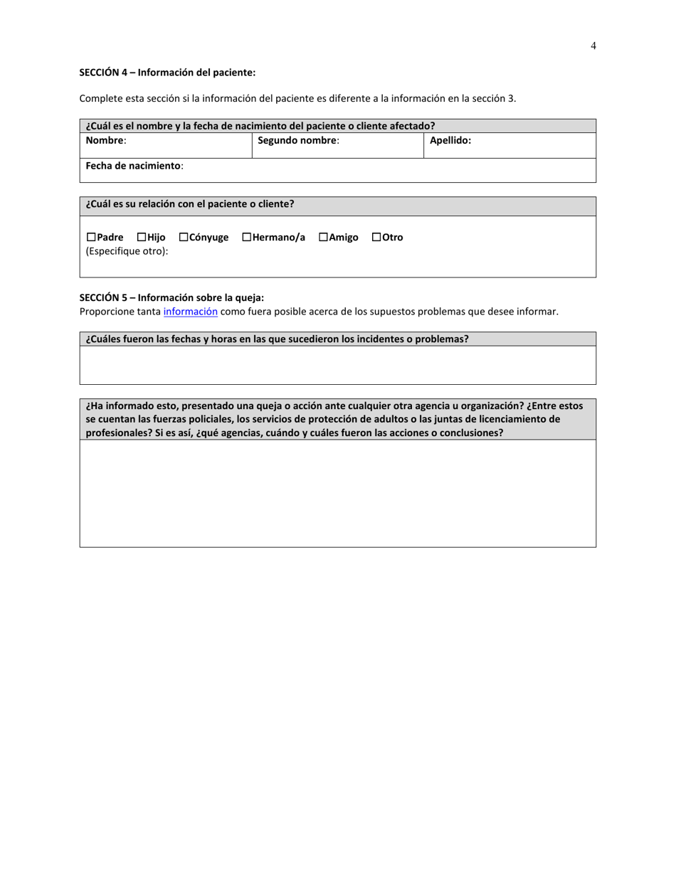 DOH Formulario 630-106 Formulario De Queja Sobre Un Proveedor O Establecimiento De Cuidados De La Salud - Washington (Spanish), Page 4