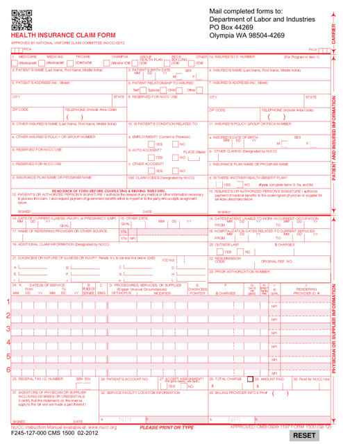 Form CMS1500 (F245-127-000) Health Insurance Claim Form - Washington