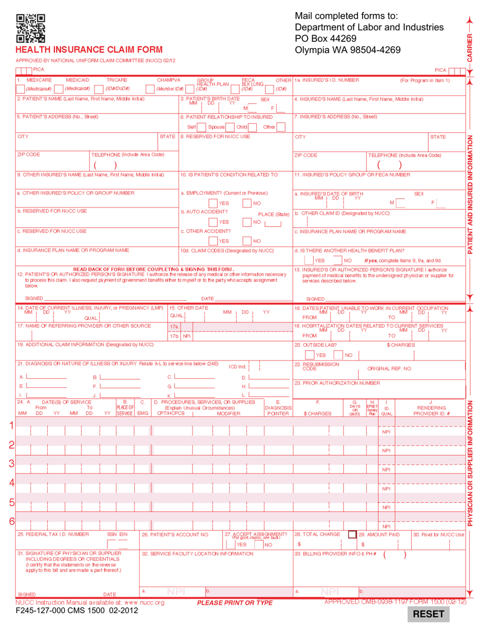 Form CMS1500 (F245-127-000) Health Insurance Claim Form - Washington, Page 1