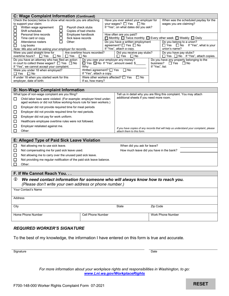 Form F700-148-000 Worker Rights Complaint Form - Washington, Page 4