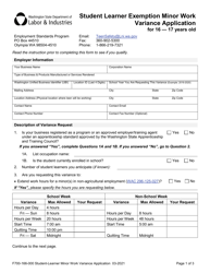 Form F700-166-000 Student Learner Exemption Minor Work Variance Application for 16 - 17 Years Old - Washington