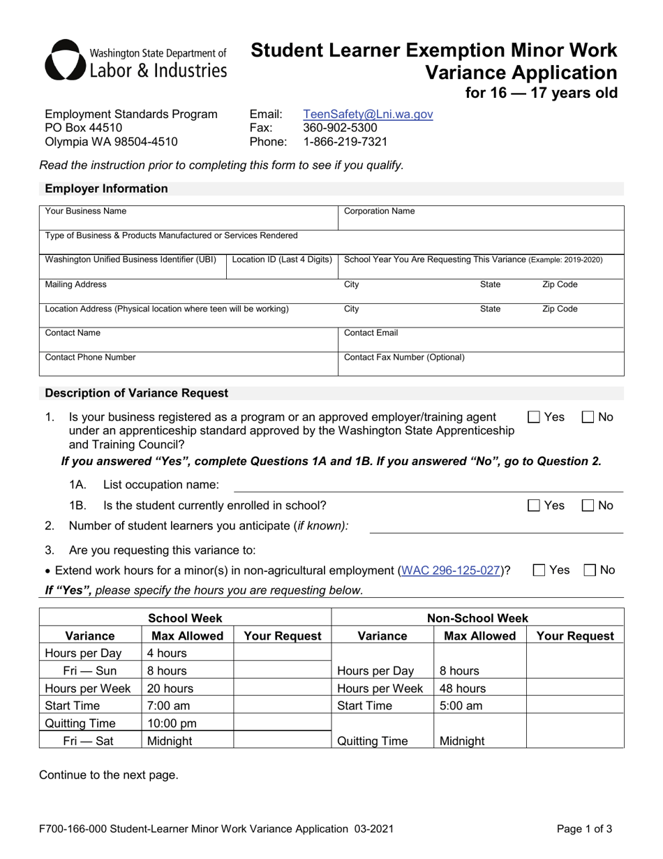 Form F700-166-000 Student Learner Exemption Minor Work Variance Application for 16 - 17 Years Old - Washington, Page 1