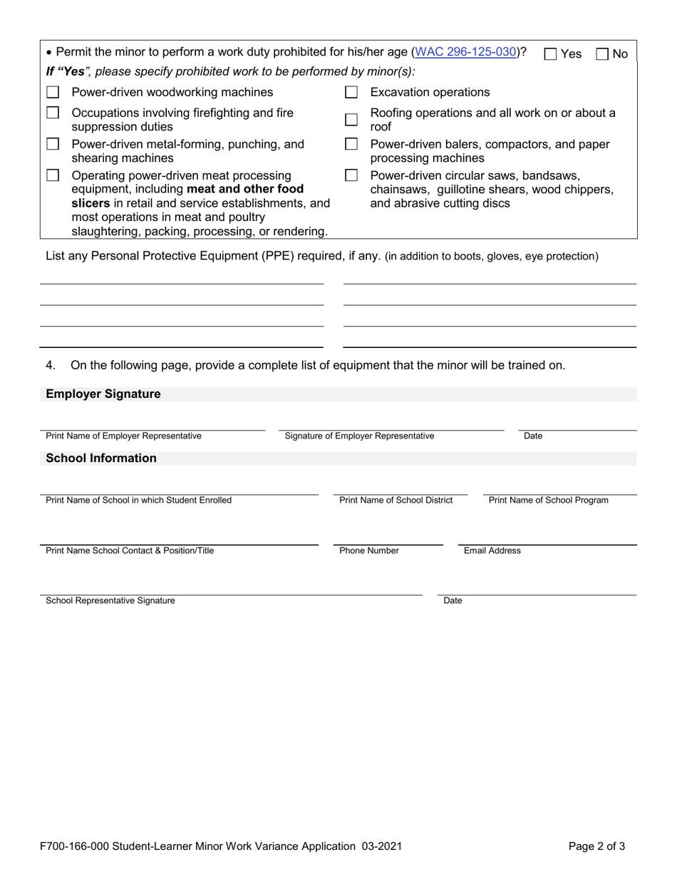 Form F700-166-000 Student Learner Exemption Minor Work Variance Application for 16 - 17 Years Old - Washington, Page 2