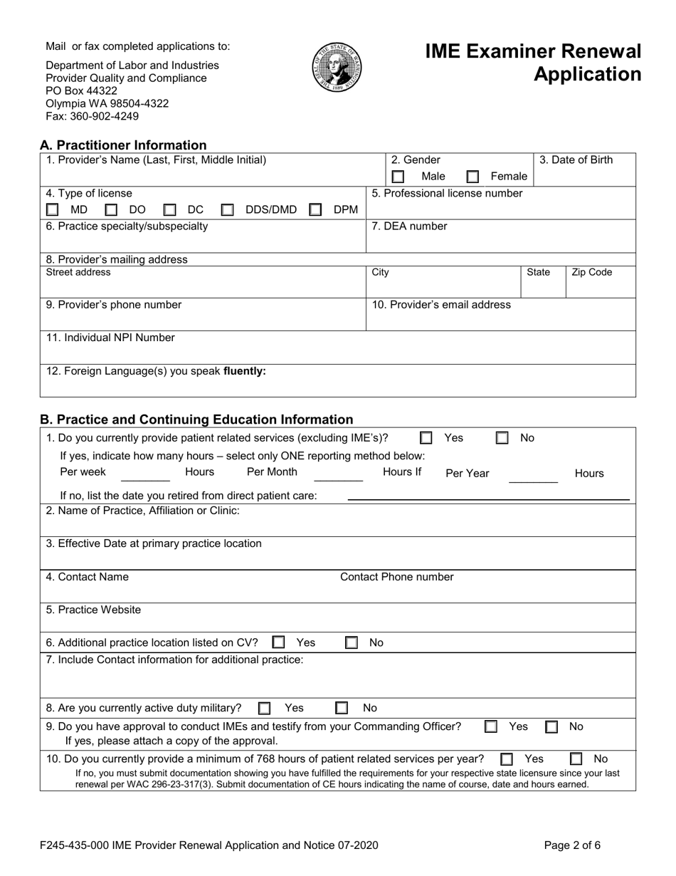 Form F245-435-000 Ime Provider Renewal Application - Washington, Page 2