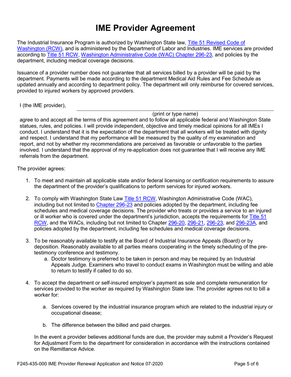 Form F245-435-000 Ime Provider Renewal Application - Washington, Page 5