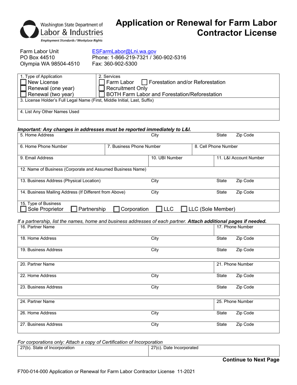 Form F700-014-000 Application or Renewal for Farm Labor Contractor License - Washington, Page 1
