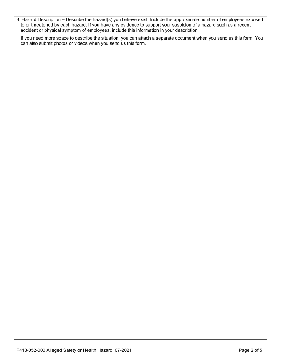 Form F418-052-000 Alleged Safety or Health Hazards - Washington, Page 2