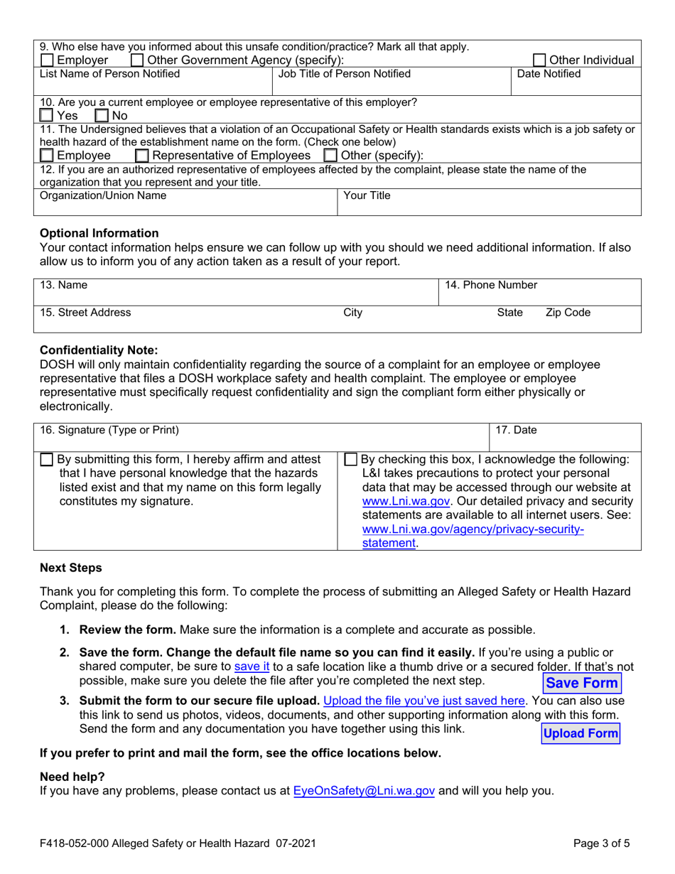Form F418-052-000 Alleged Safety or Health Hazards - Washington, Page 3