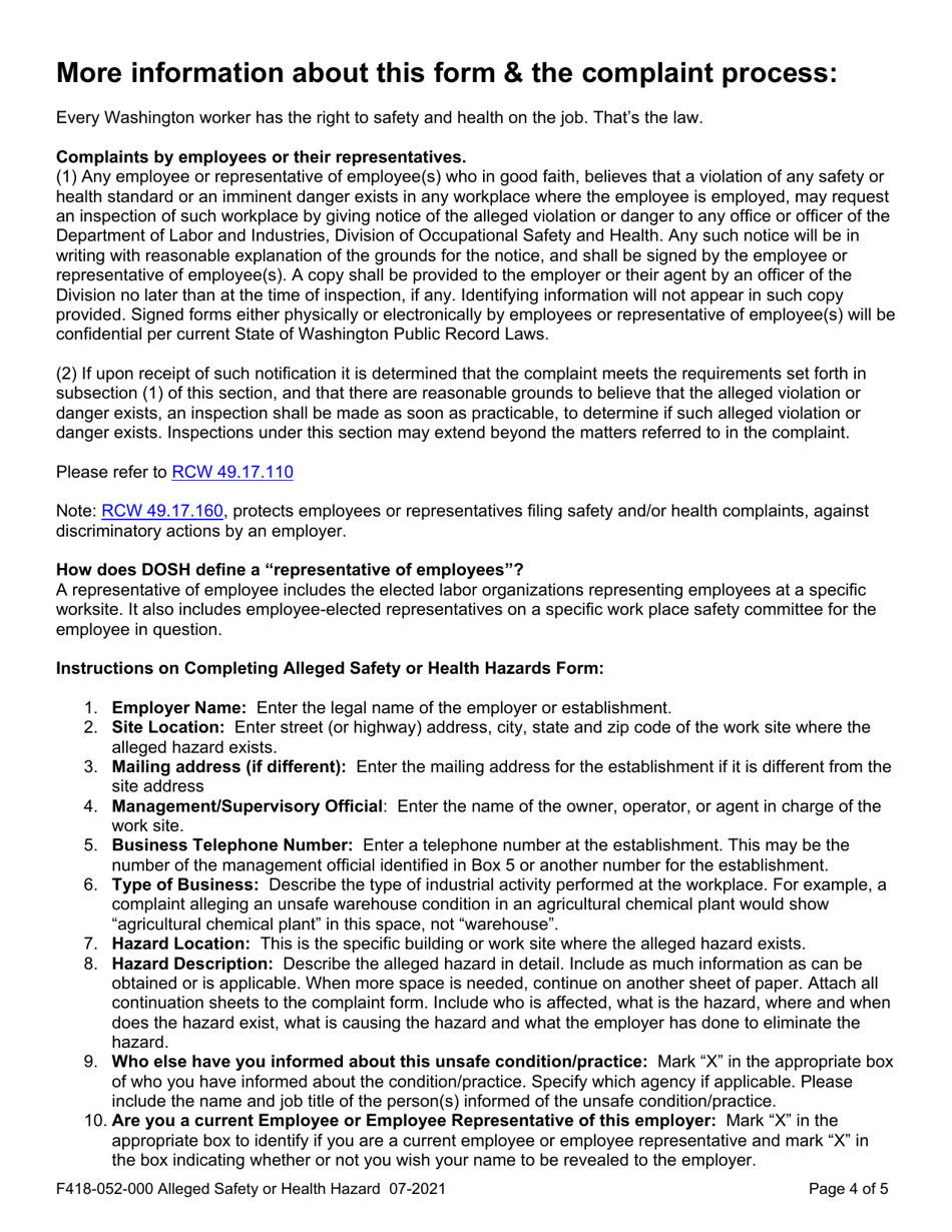 Form F418-052-000 Alleged Safety or Health Hazards - Washington, Page 4