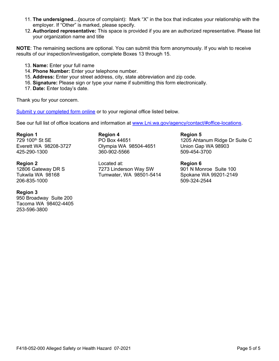 Form F418-052-000 Alleged Safety or Health Hazards - Washington, Page 5