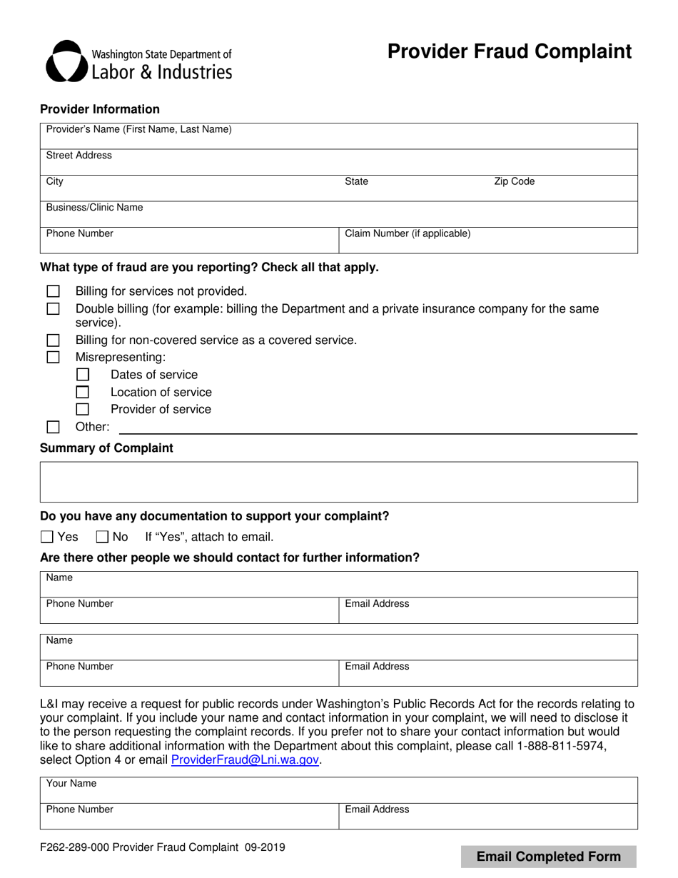 Form F262-289-000 Provider Fraud Complaint - Washington, Page 1