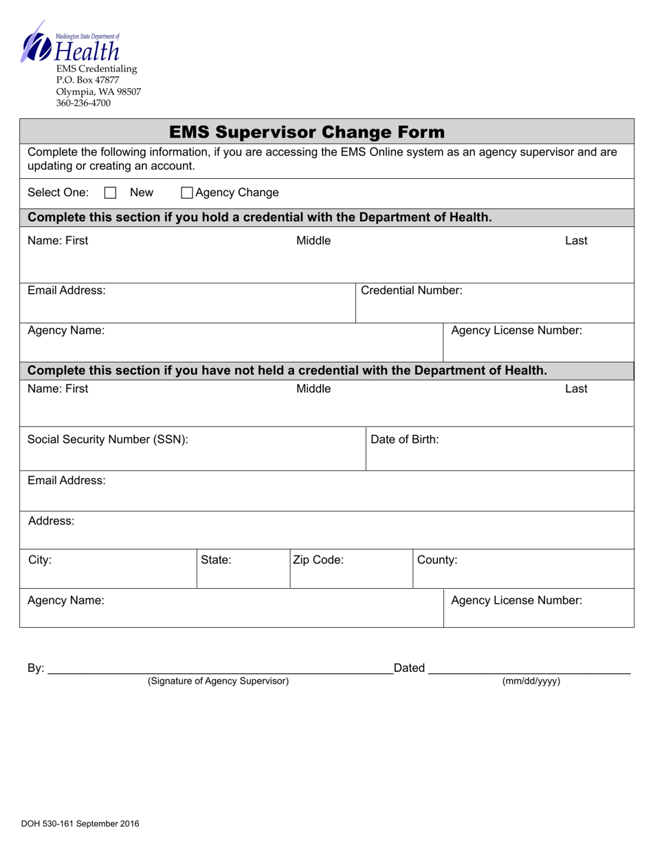 DOH Form 530-161 EMS Supervisor Change Form - Washington, Page 1