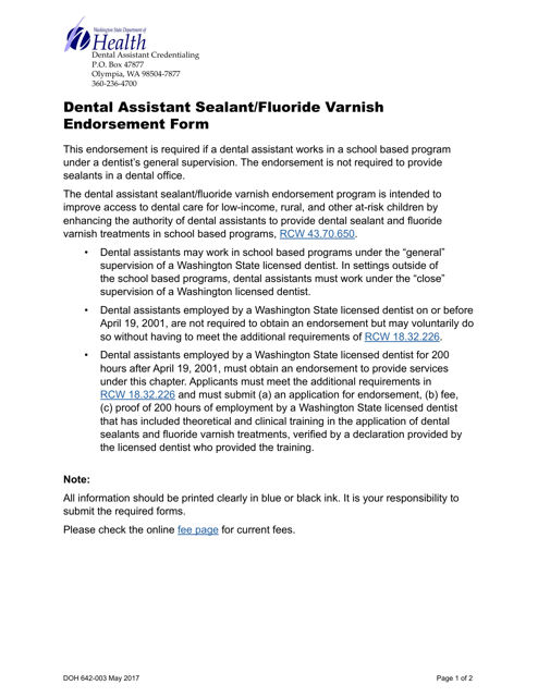 DOH Form 642-003 Dental Assistant Sealant/Fluoride Varnish Endorsement Form - Washington