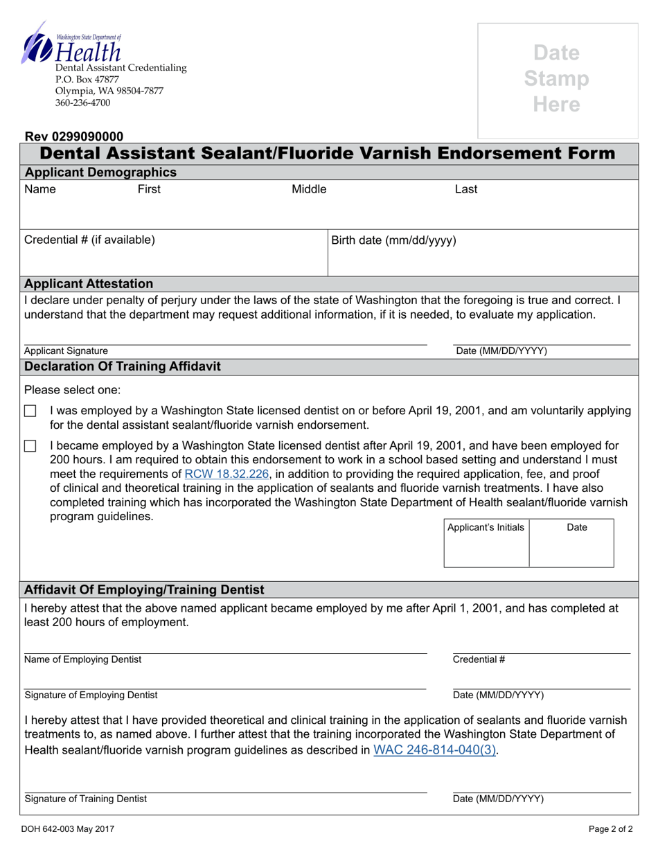 DOH Form 642-003 Dental Assistant Sealant / Fluoride Varnish Endorsement Form - Washington, Page 2