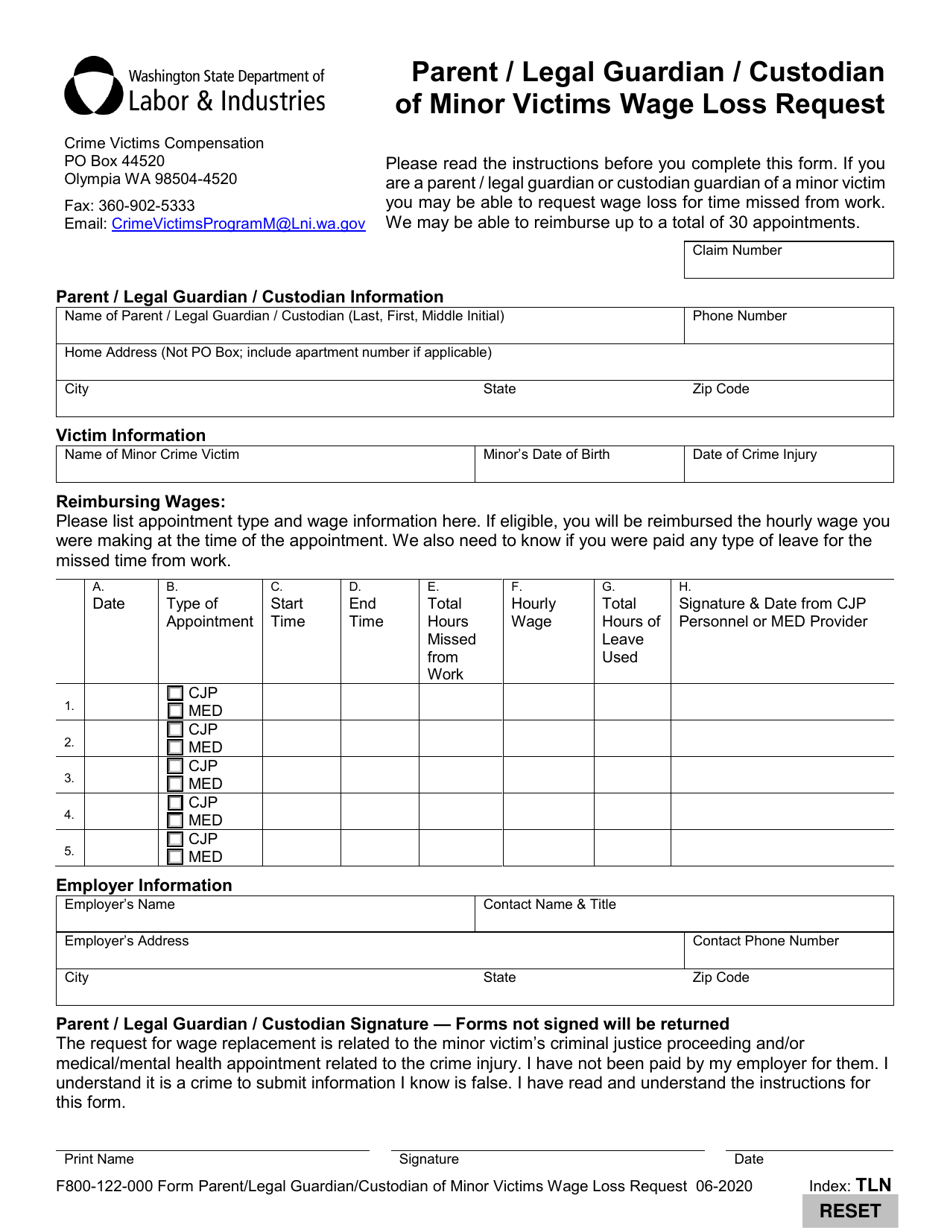 Form F800-122-000 Parent / Legal Guardian / Custodian of Minor Victims Wage Loss Request - Washington, Page 1